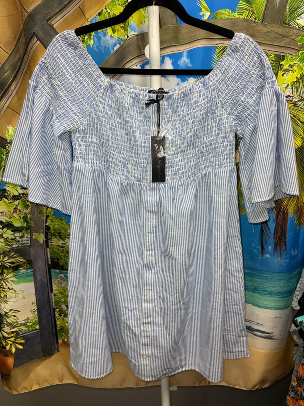 Shinestar Blue & White Striped Off-Shoulder Button Front Dress/Tunic NWT